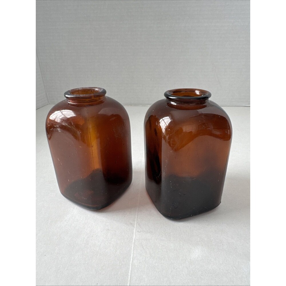 Vintage 2 Snuff/Apothecary Bottle 4” Amber Brown Glass Square Molded Many Uses